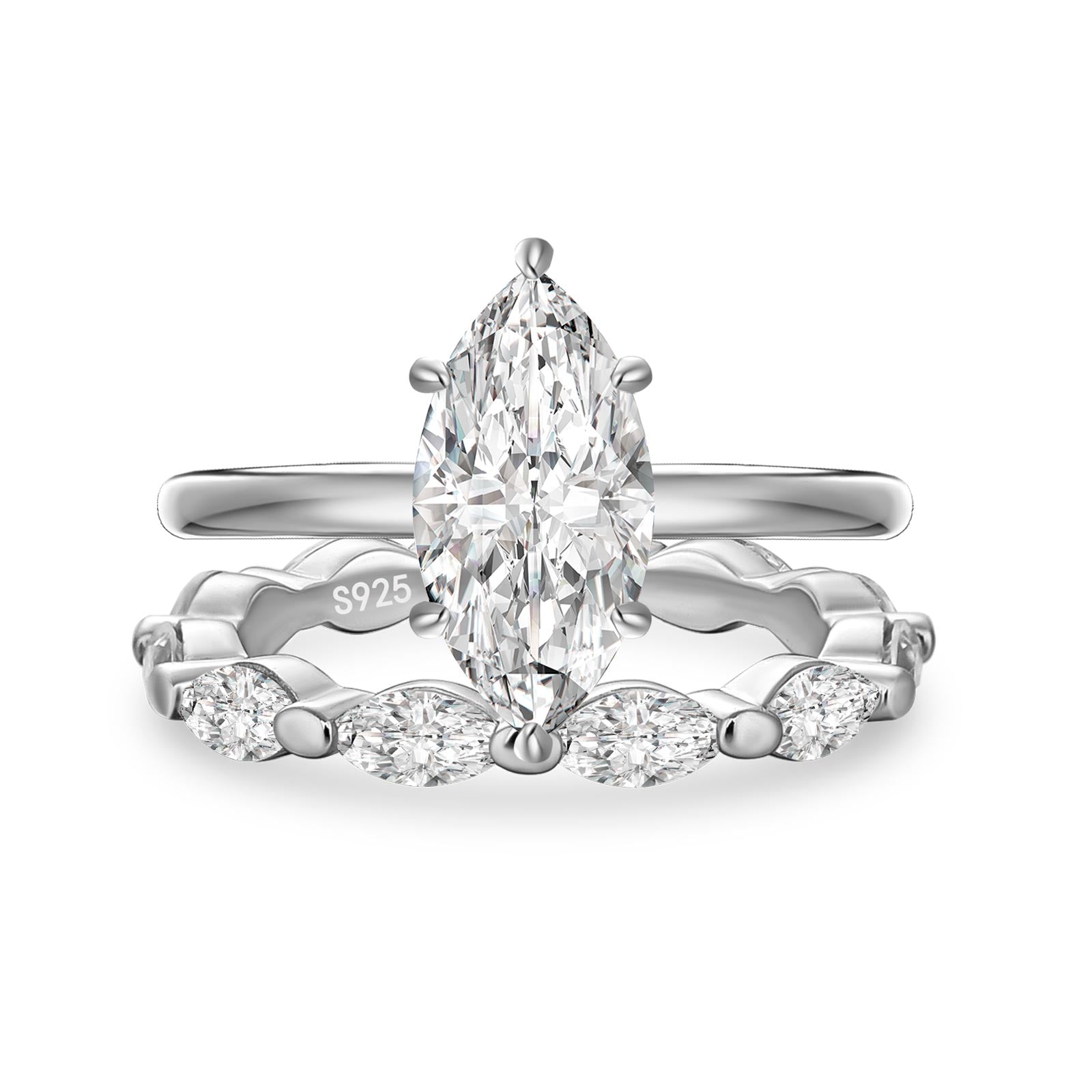 Aurevyn Moissanite 2.0Ct Solitaire Marquise Cut/4.0 Ct Oval Cut Engagement Ring with Marquise Cut Wedding Band