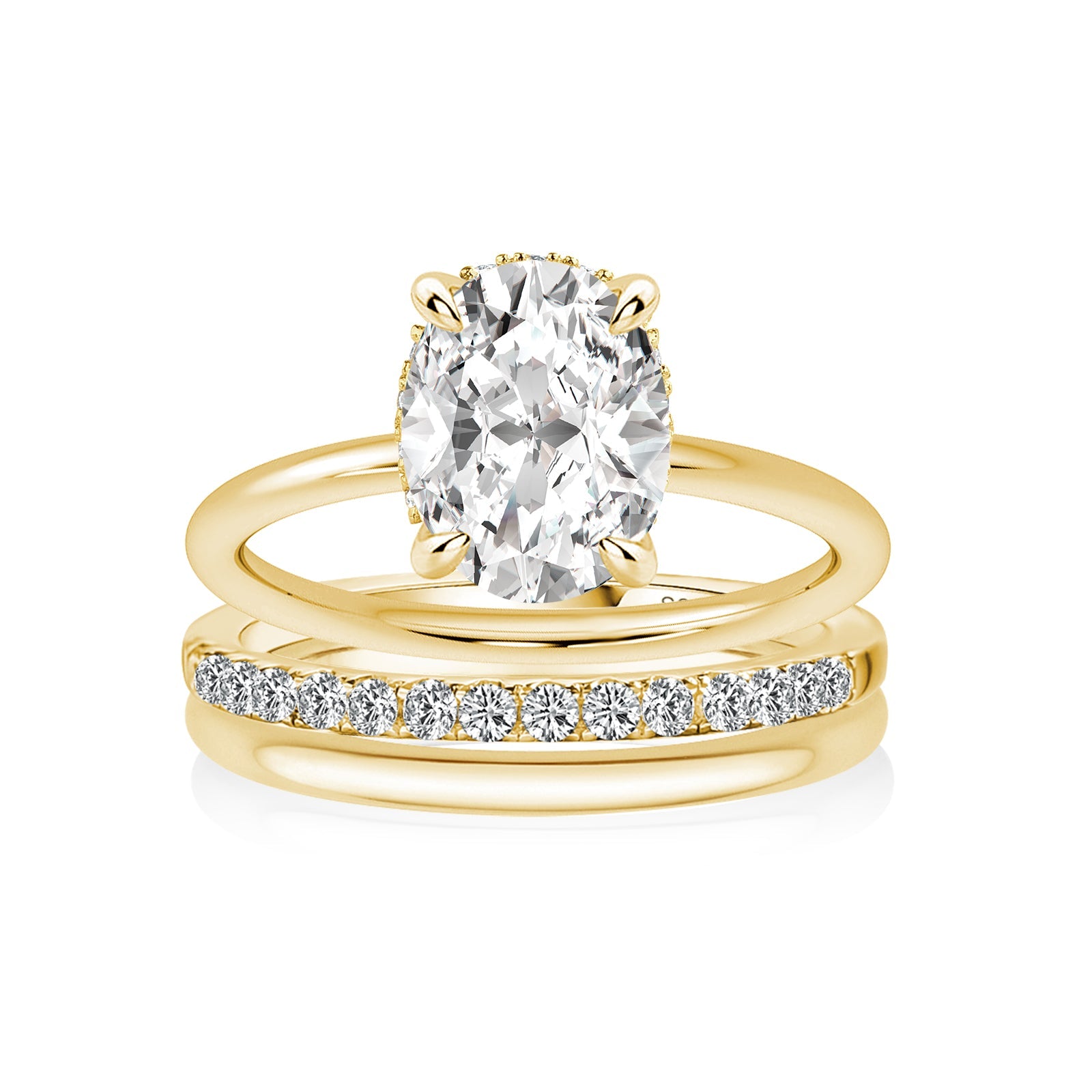 Aurevyn Moissanite 2.0Ct Solitaire Oval Cut Yellow Gold Wedding Ring with Pavé Eternity Ring