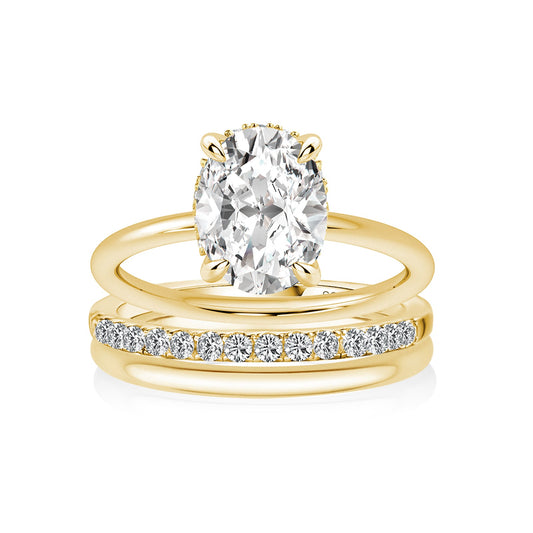 Aurevyn Moissanite 2.0Ct Solitaire Oval Cut Yellow Gold Wedding Ring with Pavé Eternity Ring