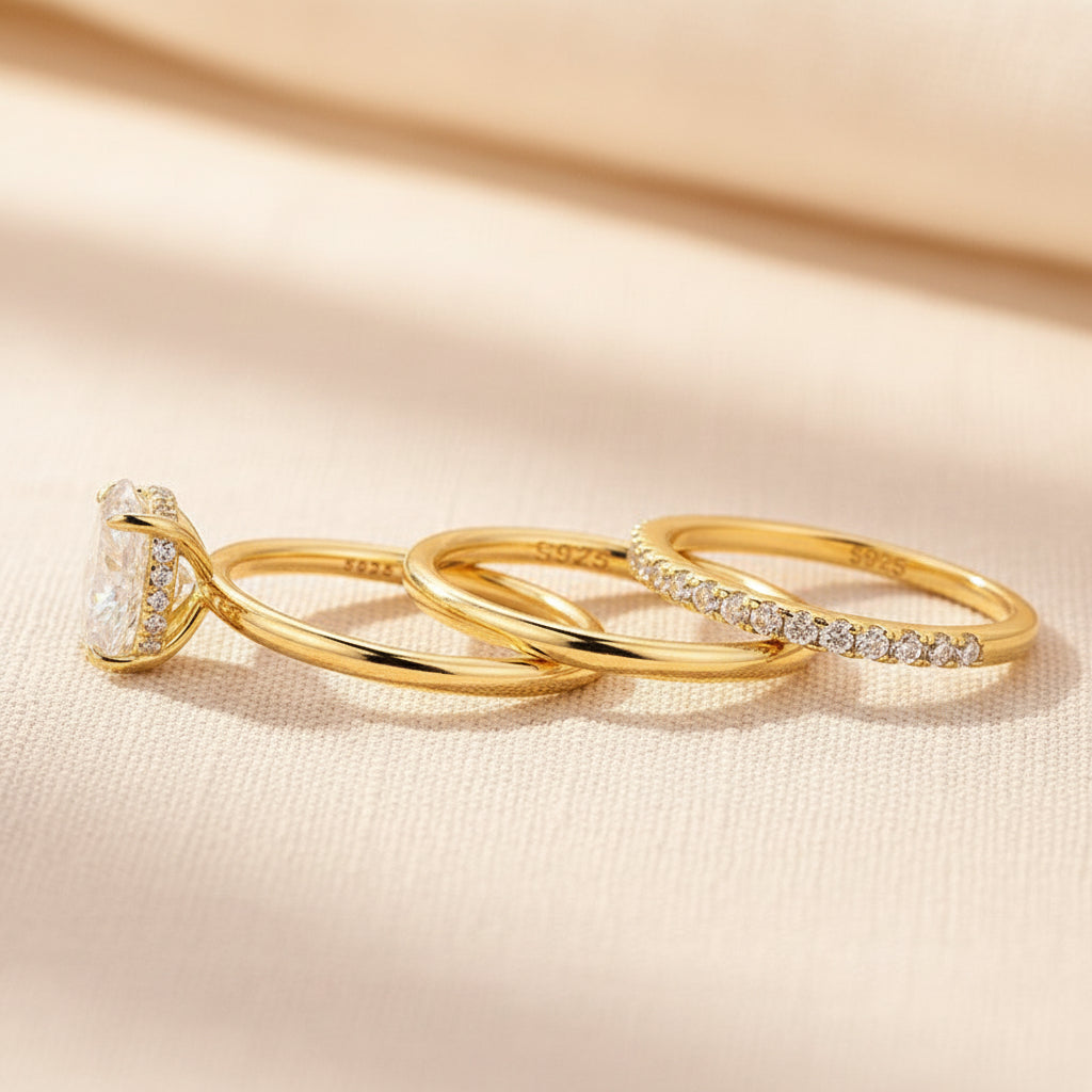 Aurevyn Moissanite 2.0Ct Solitaire Oval Cut Yellow Gold Wedding Ring with Pavé Eternity Ring