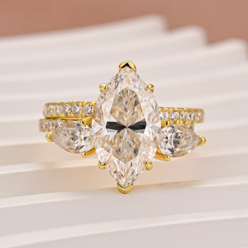 Aurevyn Moissanite 4.0Ct Marquise Cut Yellow Gold Wedding Ring with Open Pear Cut Enhancer Ring