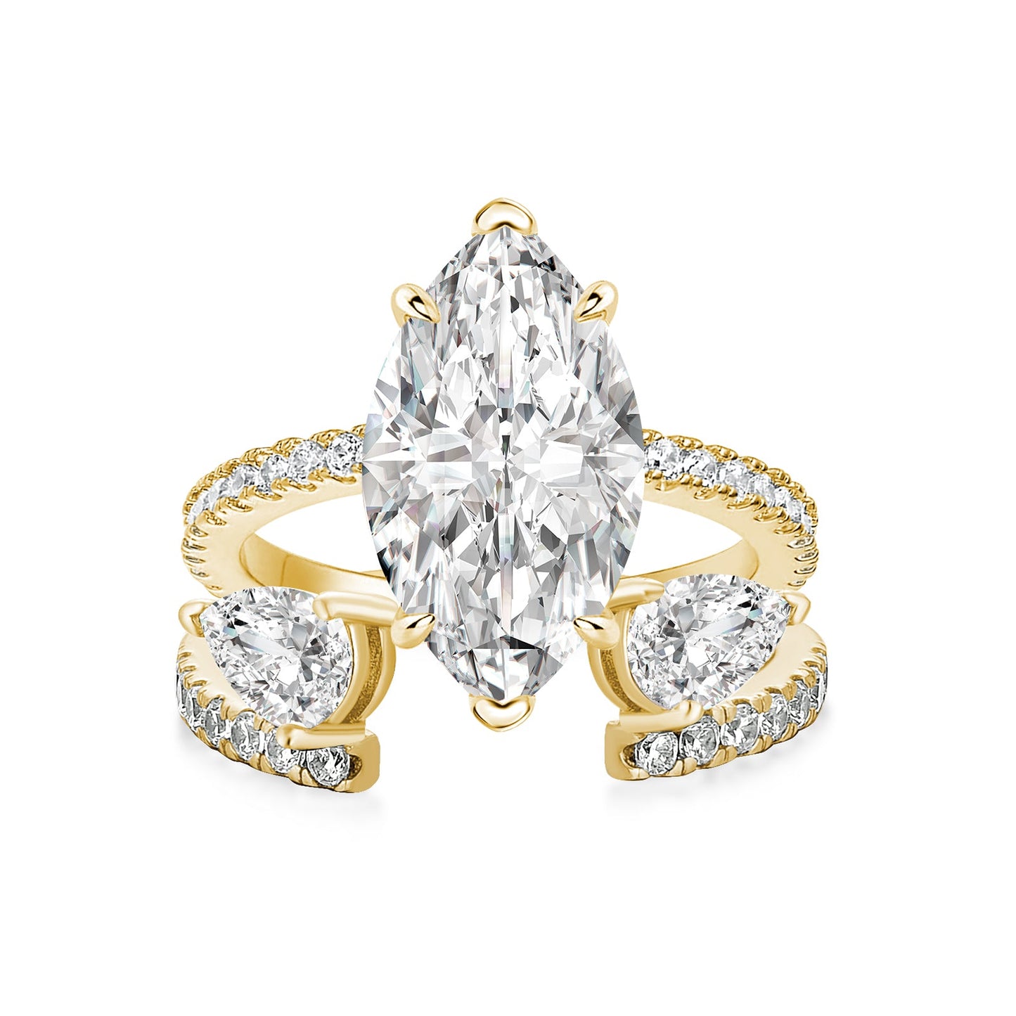 Aurevyn Moissanite 4.0Ct Marquise Cut Yellow Gold Wedding Ring with Open Pear Cut Enhancer Ring