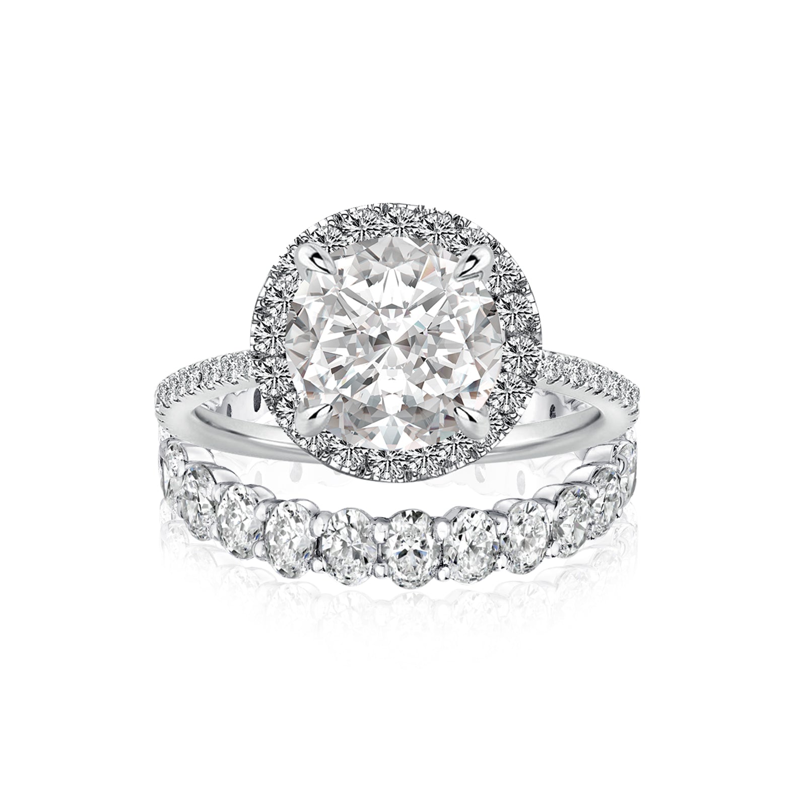 Aurevyn 2.0 Ct Halo Round Cut White Gold Wedding Ring with Oval Cut Wedding Band