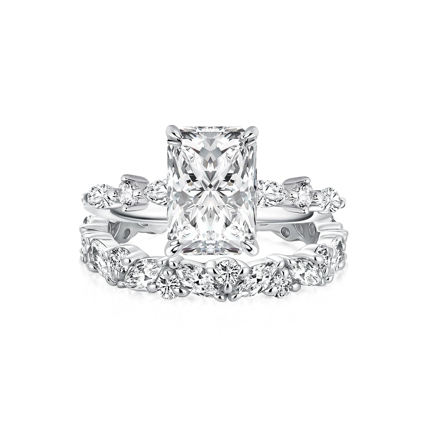 Aurevyn Moissanite 3.5 Ct Radiant Cut White Gold Engagement Ring with Marquise & Round Wedding Ring