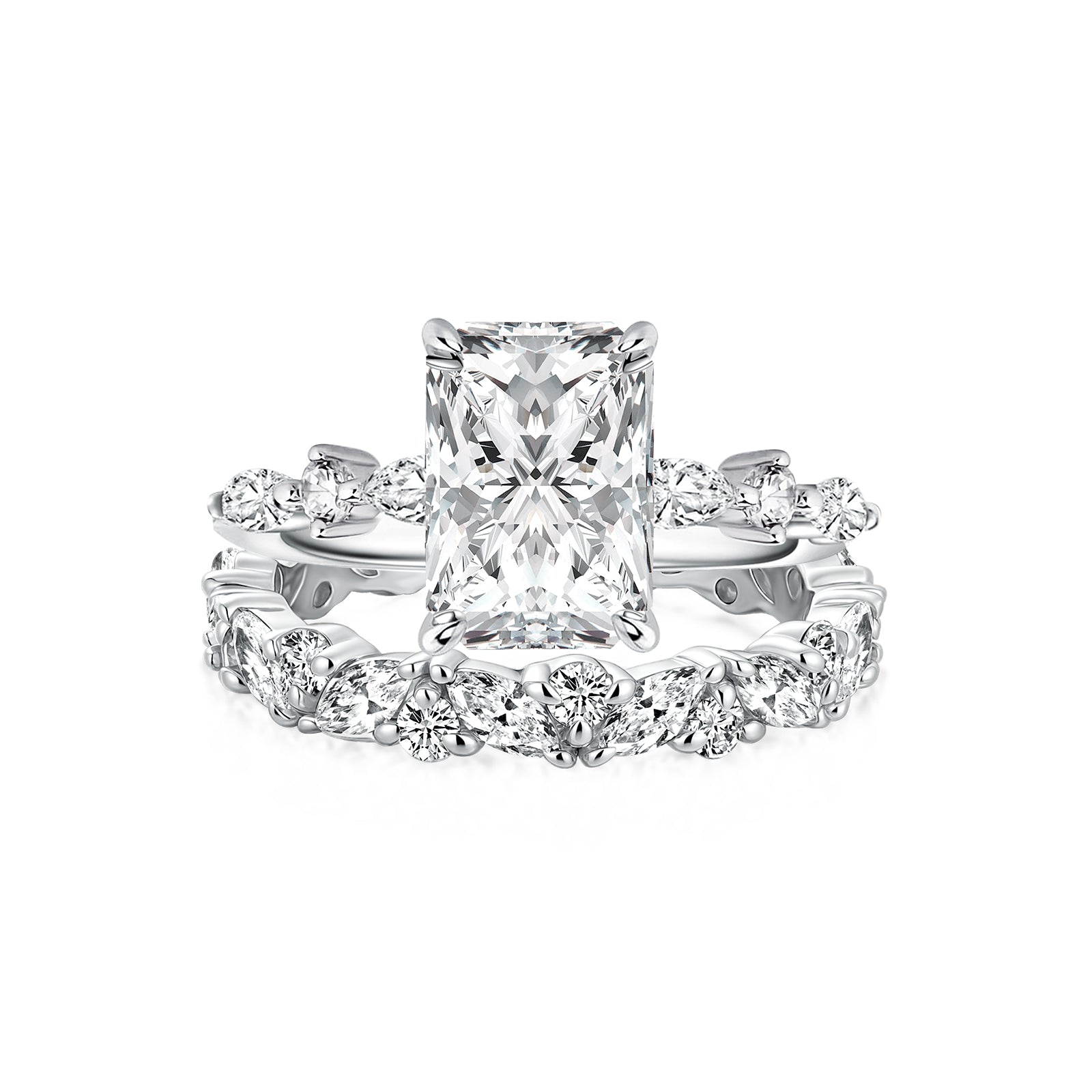 Aurevyn Moissanite 3.5 Ct Radiant Cut White Gold Engagement Ring with Marquise & Round Wedding Ring