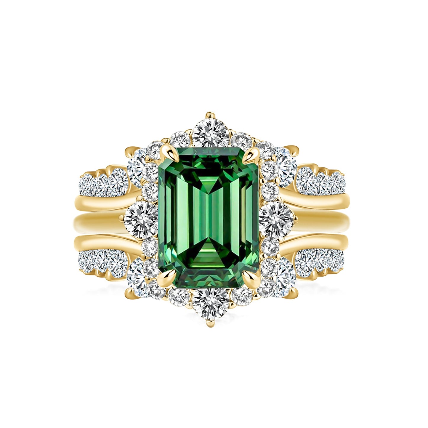 Aurevyn Moissanite 3.0Ct Yellow Gold Halo Emerald Stone Emerald Cut Engagement Ring with Enhancer Ring