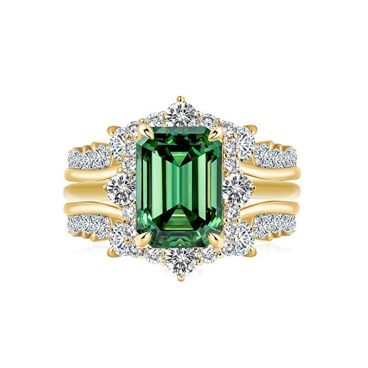 Aurevyn Moissanite 3.0Ct Yellow Gold Halo Emerald Stone Emerald Cut Engagement Ring with Enhancer Ring