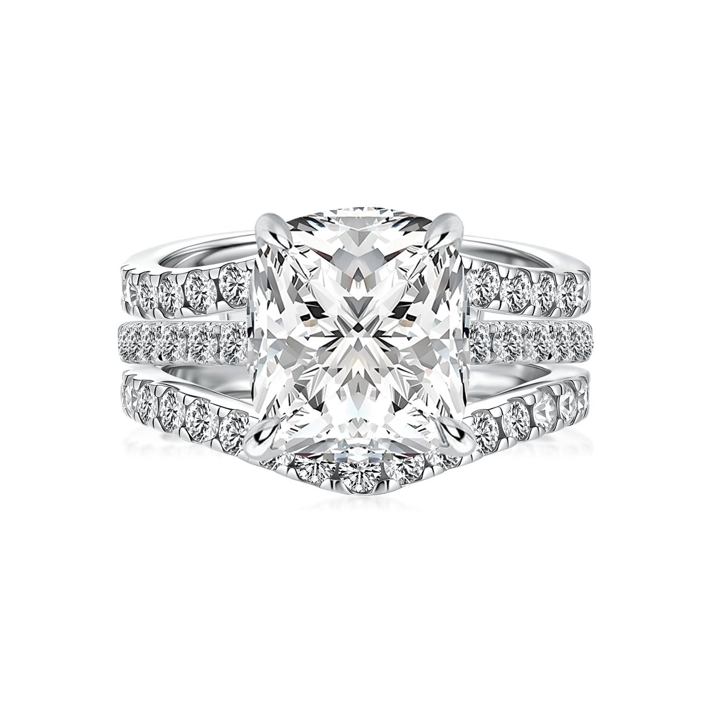 Aurevyn Moissanite 3.0Ct Cushion Cut/2.0Ct Princess Cut White Gold Wedding Ring with Enhancer Ring