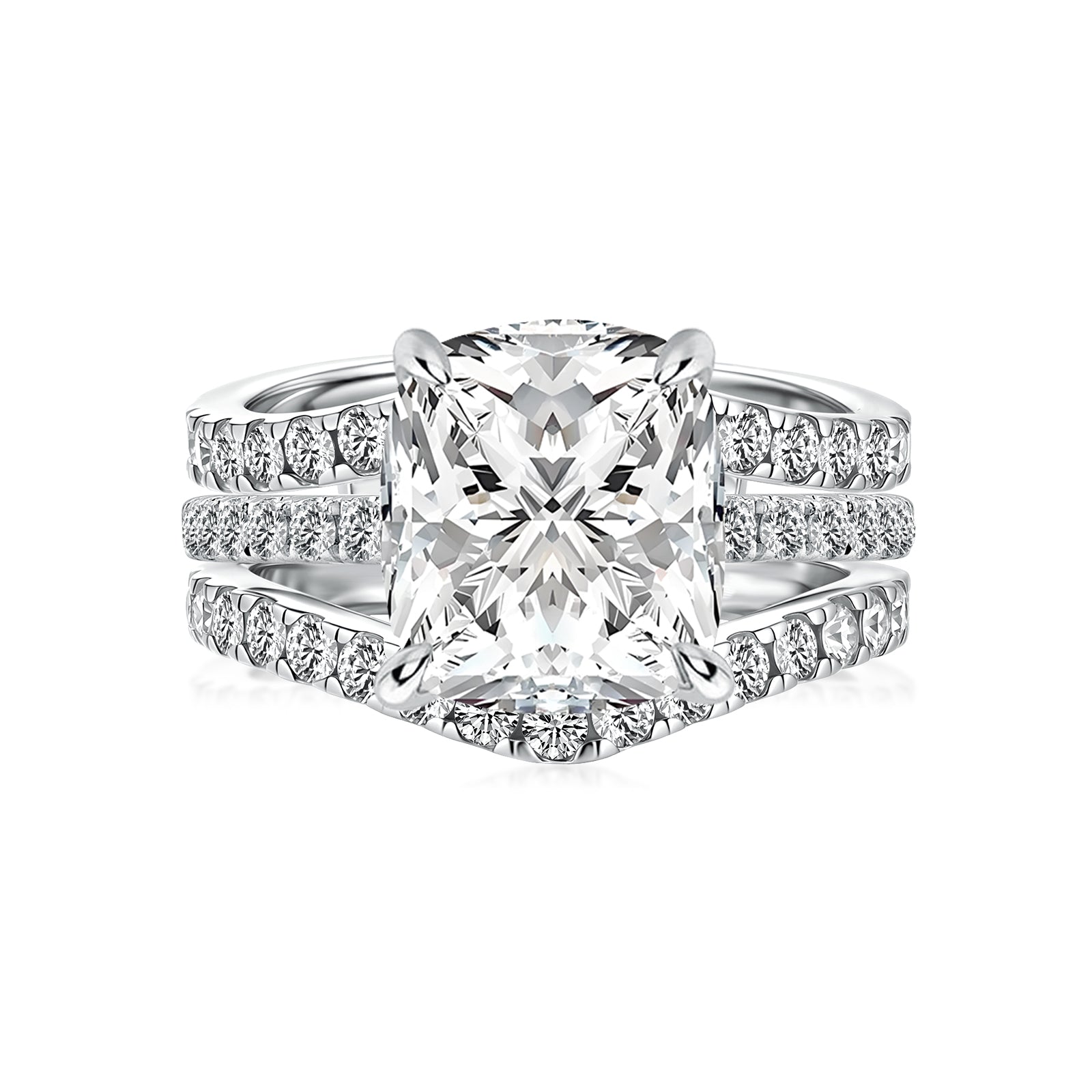 Aurevyn Moissanite 3.0Ct Cushion Cut/2.0Ct Princess Cut White Gold Wedding Ring with Enhancer Ring