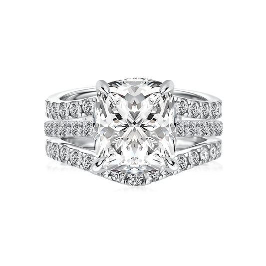 Aurevyn Moissanite 3.0Ct Cushion Cut/2.0Ct Princess Cut White Gold Wedding Ring with Enhancer Ring