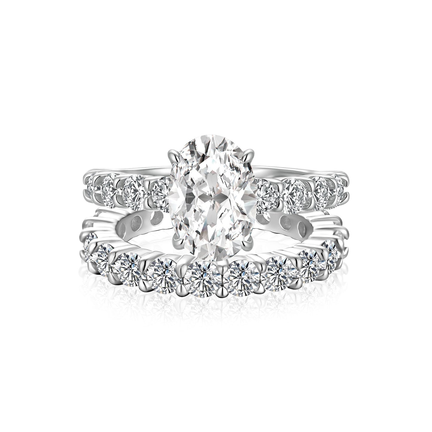 Aurevyn Moissanite 2.5Ct Oval Cut Side Stone White Gold Engagement Ring with Pavé Eternity Ring
