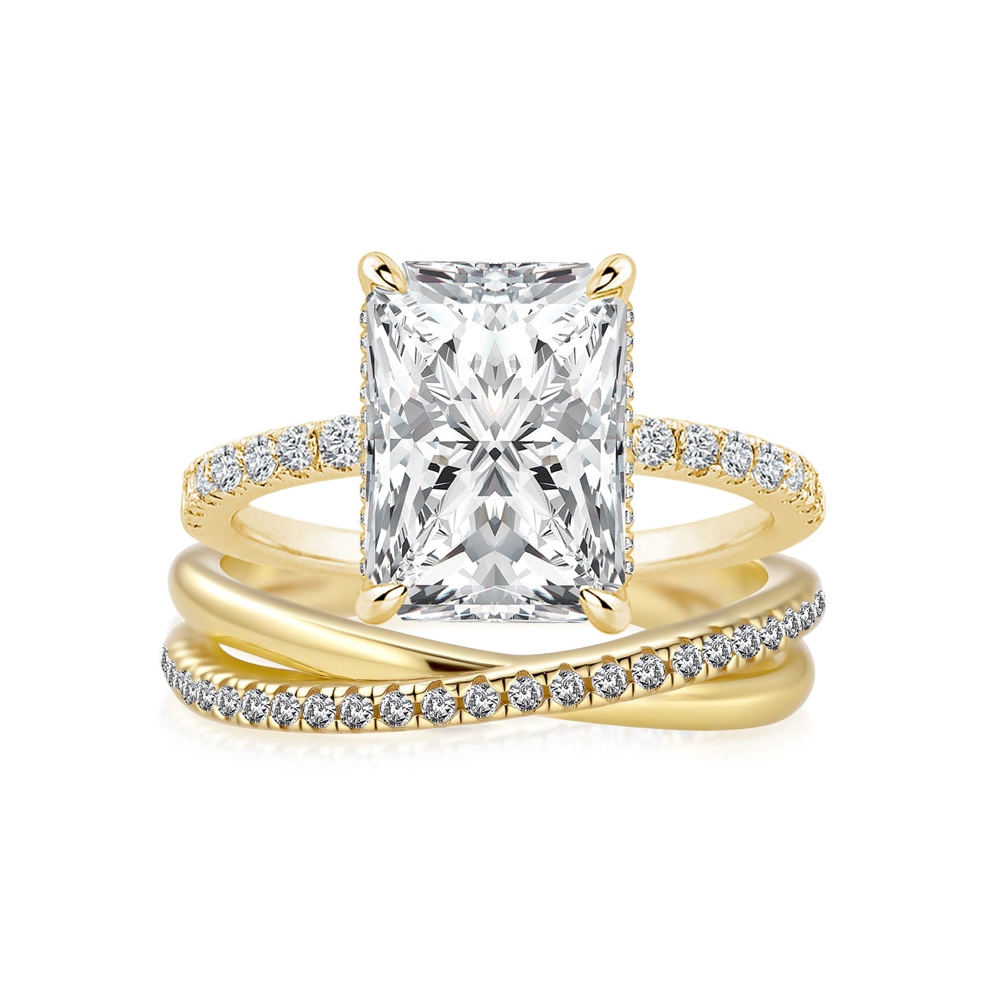 Aurevyn Moissanite 2PC 3.5 Ct Radiant Cut/Emerald Cut Twist Yellow Gold Wedding Ring Set For Women