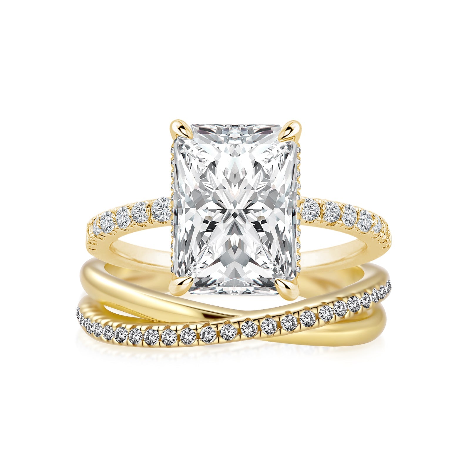 Aurevyn Moissanite 2PC 3.5 Ct Radiant Cut/Emerald Cut Twist Yellow Gold Wedding Ring Set For Women