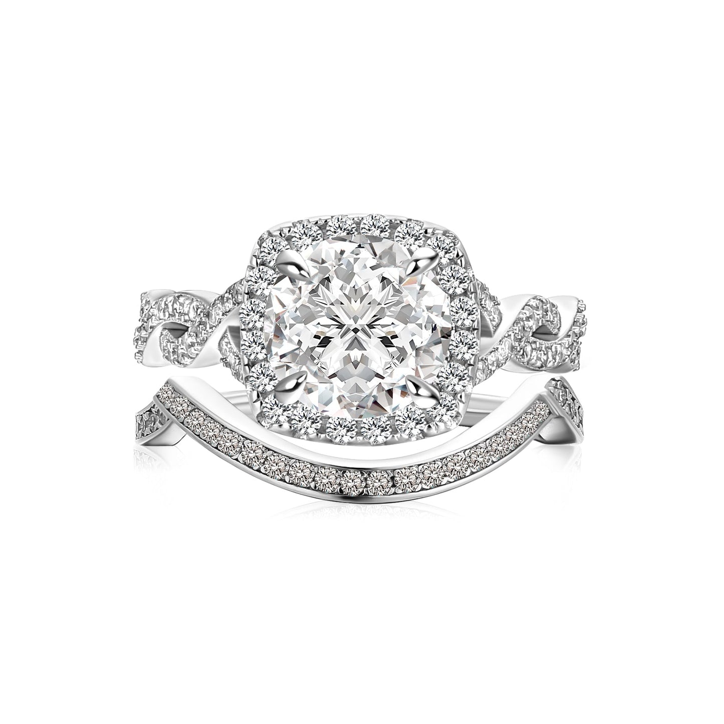 Aurevyn Moissanite 2.0Ct Halo Round Cut Twist White Gold Wedding Ring Set In Sterling Silver