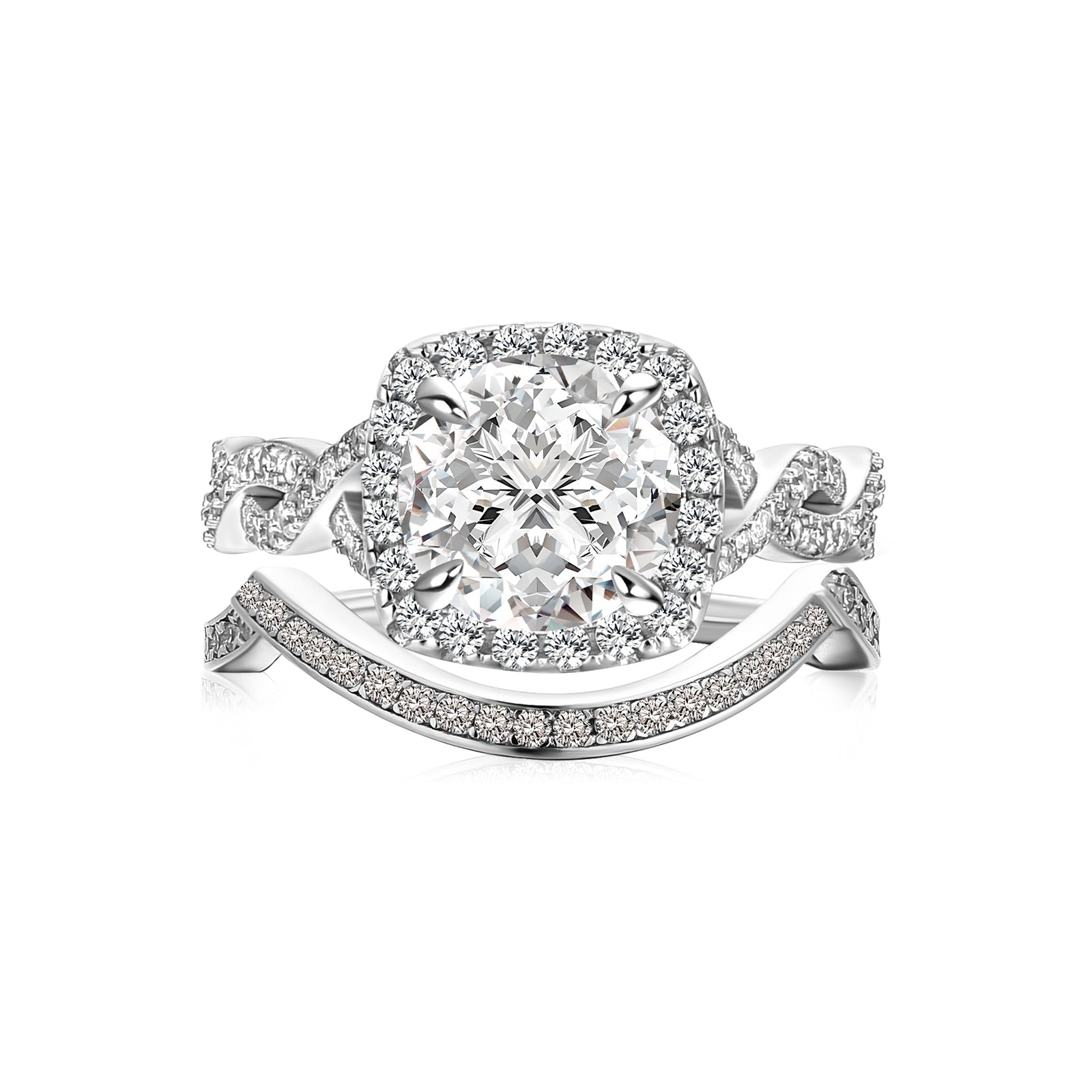 Aurevyn Moissanite 2.0Ct Halo Round Cut Twist White Gold Wedding Ring Set In Sterling Silver