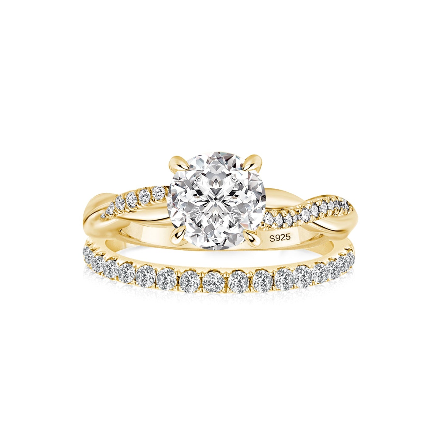 Aurevyn Moissanite 1.2Ct/2.0 Ct Twist Round Cut Yellow Gold Pave Promise Bridal Ring With Wedding Band