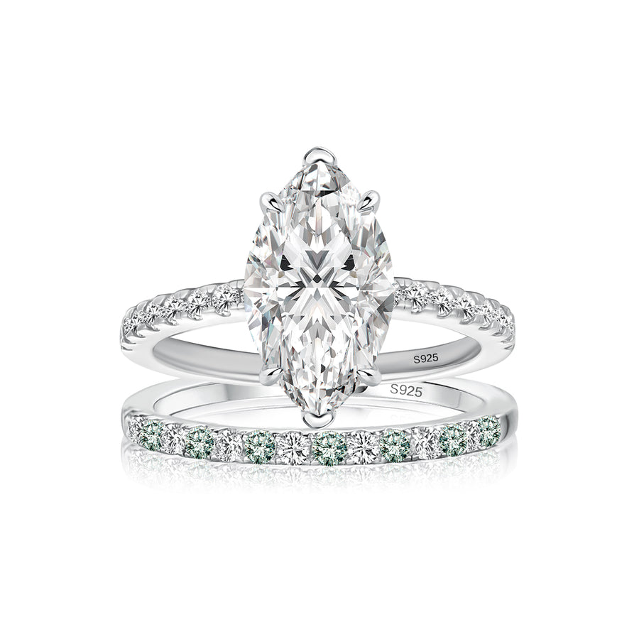 Aurevyn 2.0Ct Marquise Cut Engagement Ring With Green & White Round Cut Wedding Band