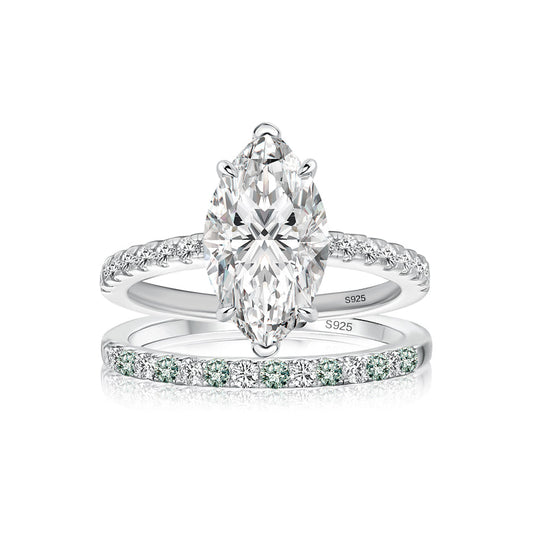 Aurevyn 2.0Ct Marquise Cut Engagement Ring With Green & White Round Cut Wedding Band