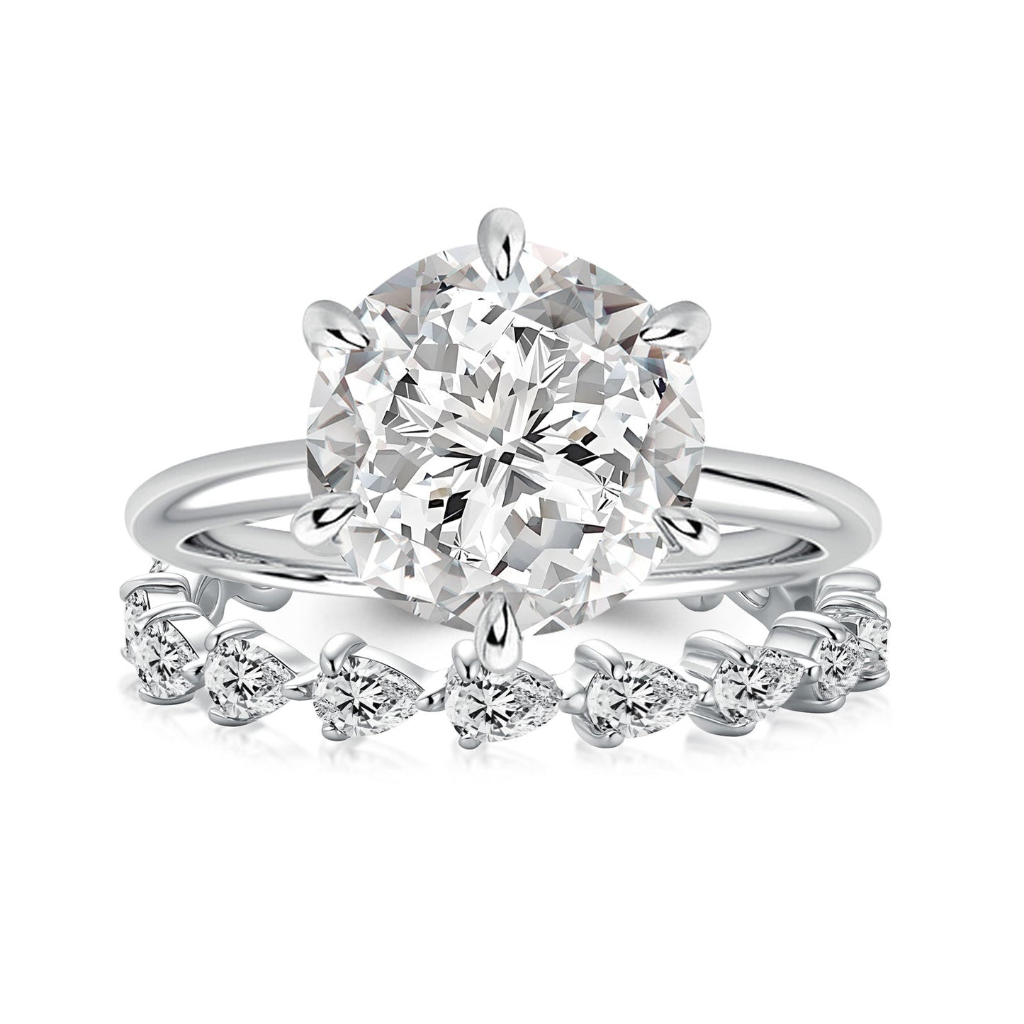 Aurevyn 2PC Moissanite 4.0Ct Round Cut Engagement Ring With Pear Cut Wedding Band Wedding Ring Set