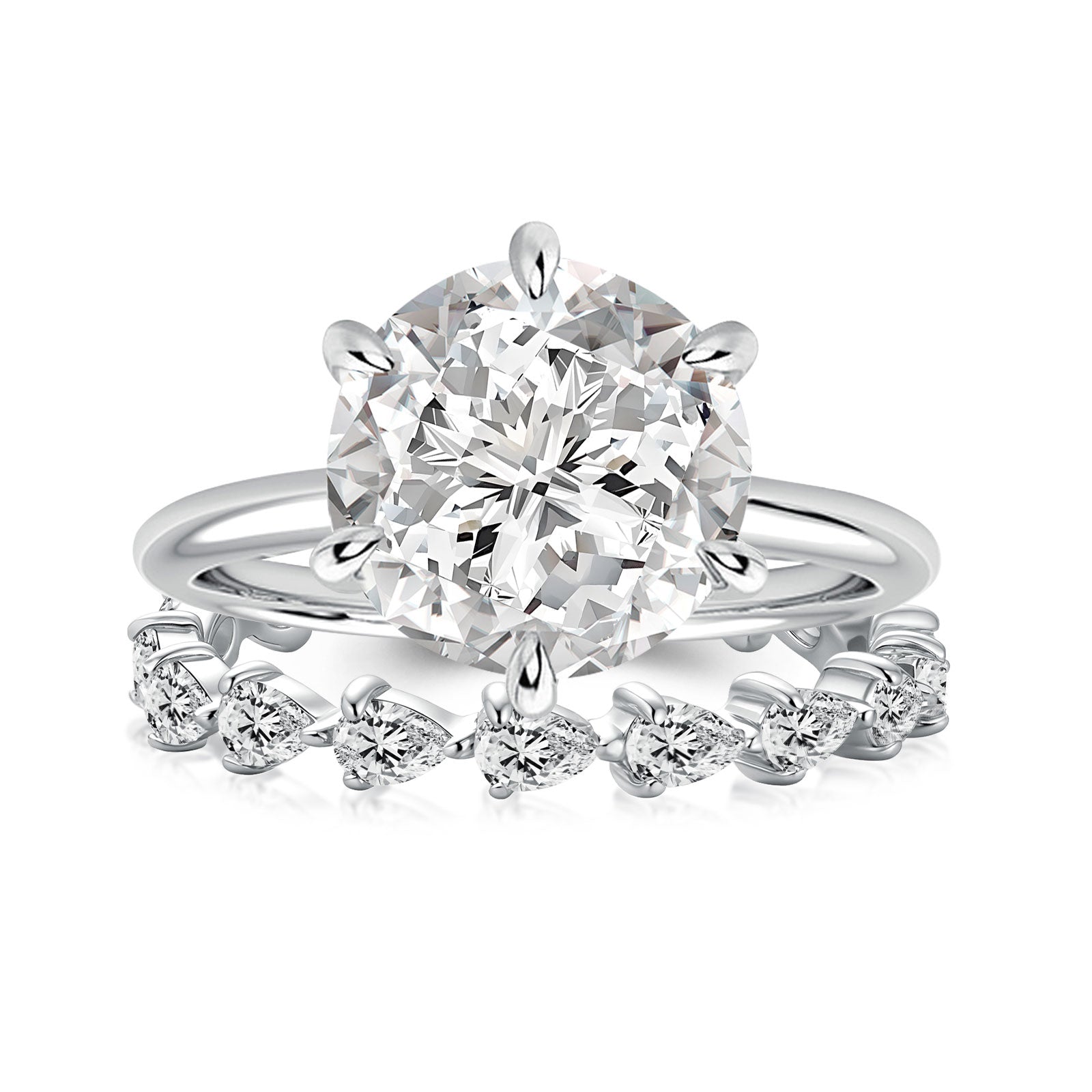 Aurevyn 2PC Moissanite 4.0Ct Round Cut Engagement Ring With Pear Cut Wedding Band Wedding Ring Set