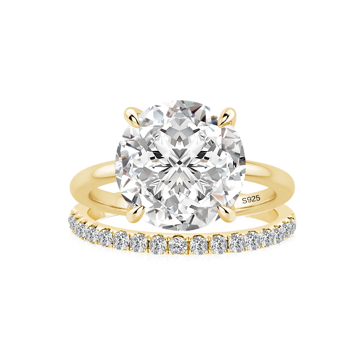 Aurevyn Moissanite 4.0Ct Solitaire Round Cut Yellow Gold Engagement Ring with Eternity Thin Wedding Band