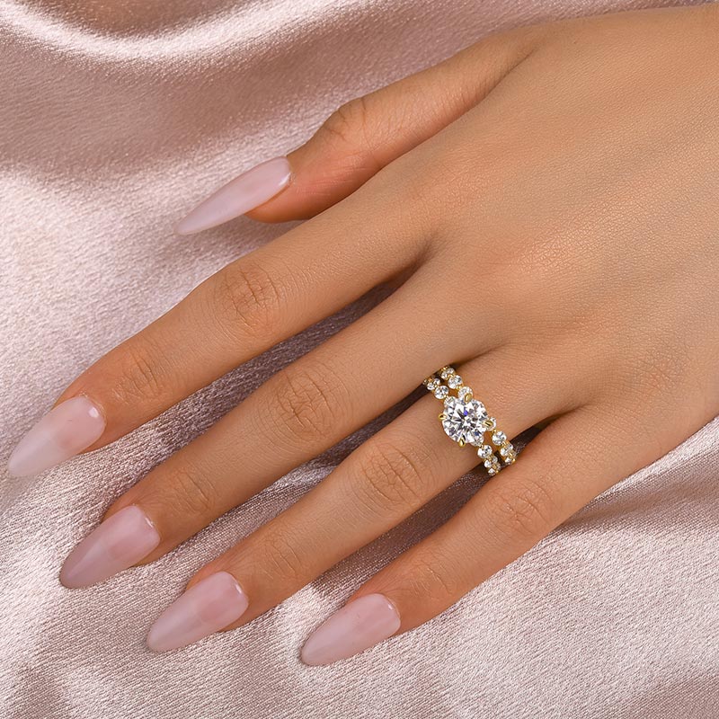Aurevyn 2.0 Ct Round Cut Yellow Gold Wedding Ring Set With Eternity Wedding Band