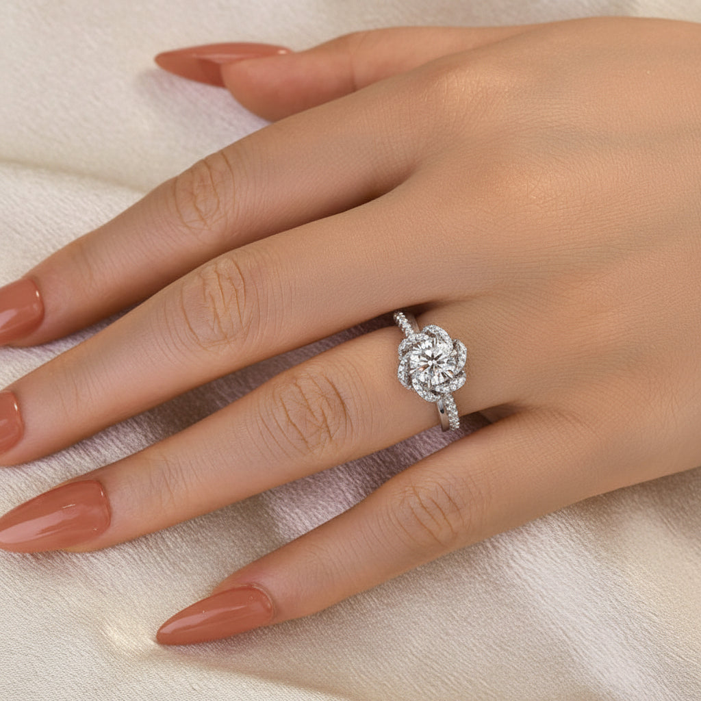 Aurevyn 1.0Ct Round Cut Twist Flower Design Engagement Ring
