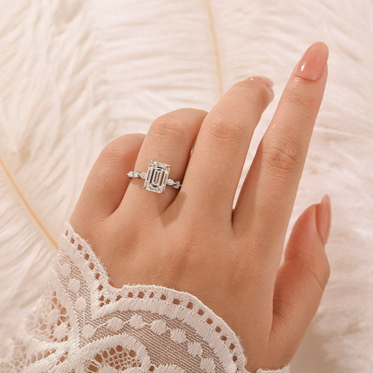 Aurevyn Moissanite 3.5 Carat Emerald Cut Classic Engagement Ring In Sterling Silver