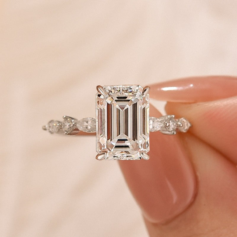 Aurevyn Moissanite 3.5 Carat Emerald Cut Classic Engagement Ring In Sterling Silver