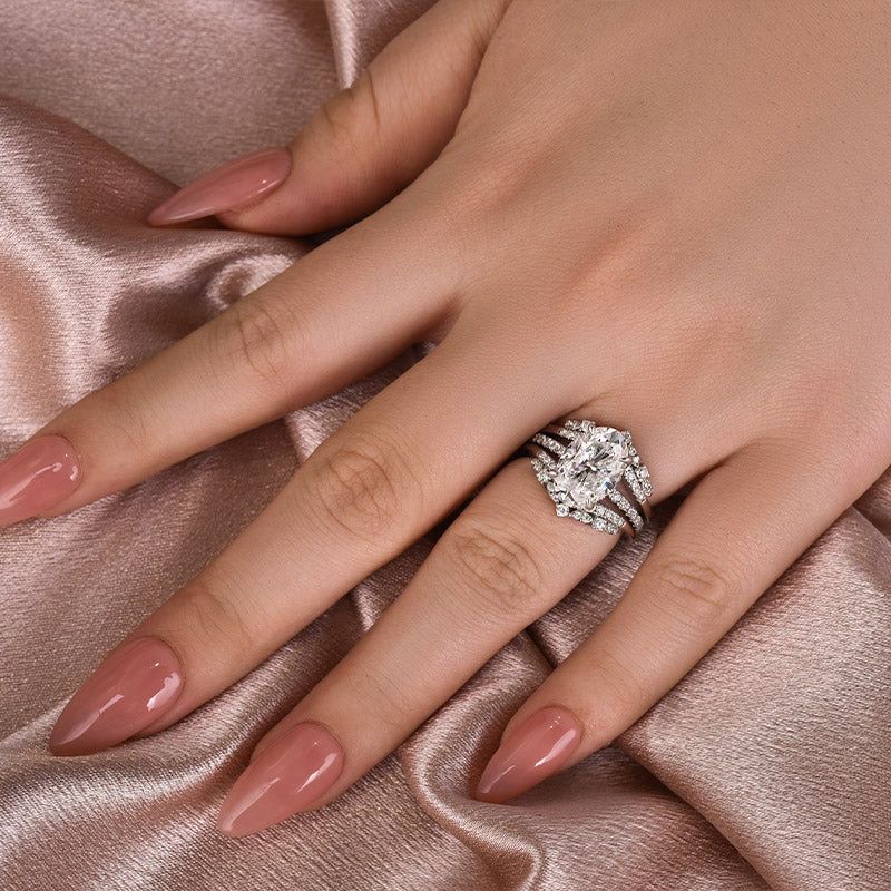 Aurevyn Moissanite 4.0Ct Oval Cut White Gold Stack Wedding Ring with Jacket Wedding Band