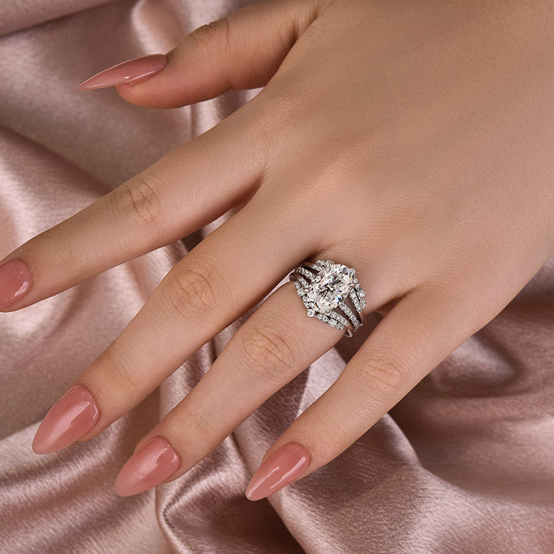 Aurevyn Moissanite 4.0Ct Oval Cut White Gold Stack Wedding Ring with Jacket Wedding Band