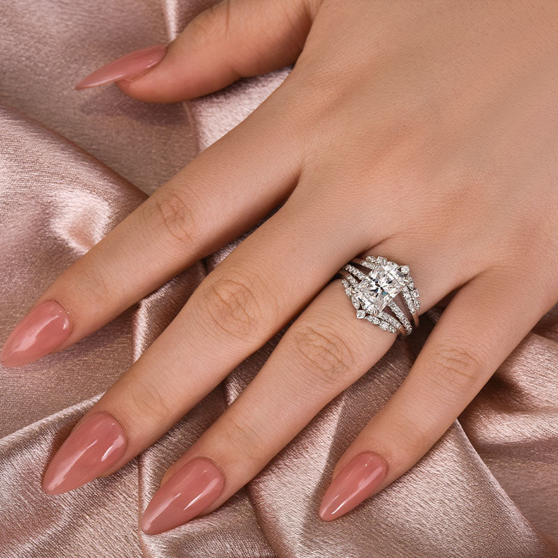 Aurevyn Moissanite 3.5Ct Radiant Cut White Gold Stack Wedding Ring with Jacket Wedding Band