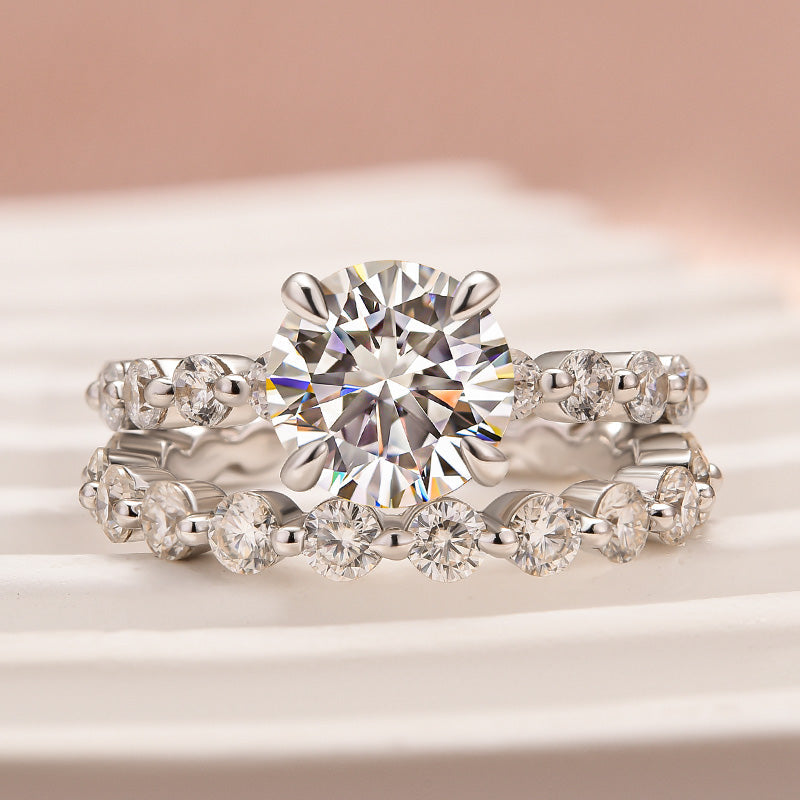 Aurevyn 2.0 Ct Round Cut White Gold Wedding Ring Set With Eternity Wedding Band