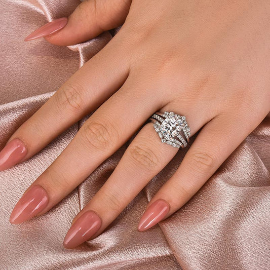 Aurevyn Moissanite 3.0Ct Cushion Cut White Gold Stack Wedding Ring with Jacket Wedding Band