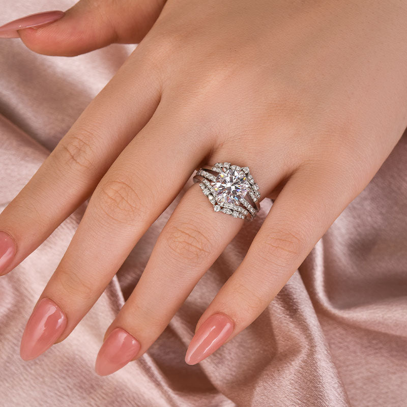Aurevyn Moissanite 3.0Ct Round Cut White Gold Stack Wedding Ring with Jacket Wedding Band