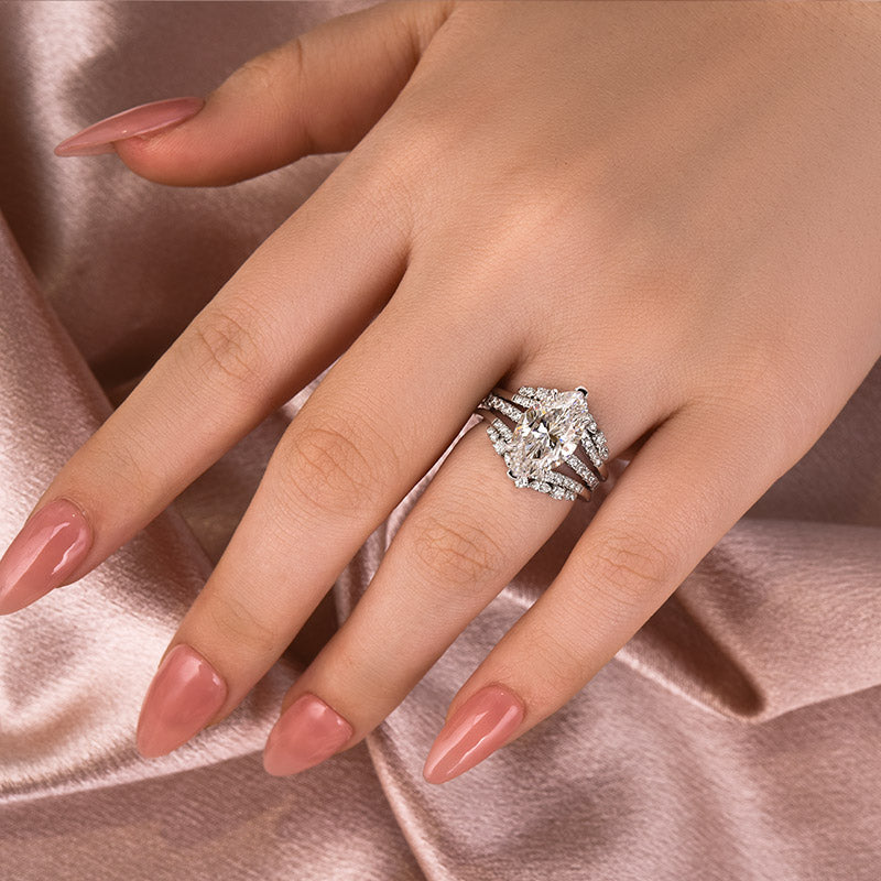 Aurevyn Moissanite 4.0Ct Marquise Cut White Gold Stack Wedding Ring with Jacket Wedding Band