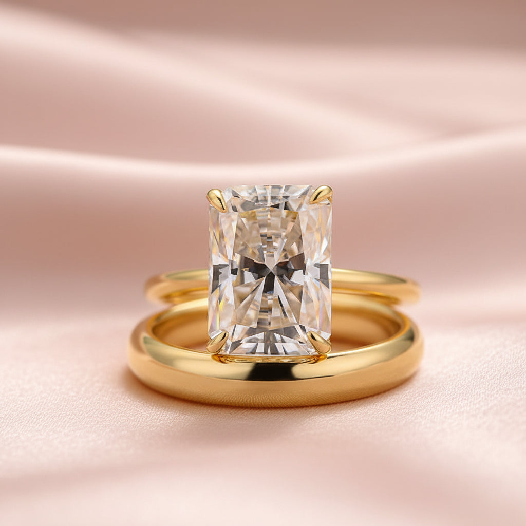 Aurevyn 4.5 Ct Radiant Cut Yellow Gold Wedding Ring Set with Wide Band