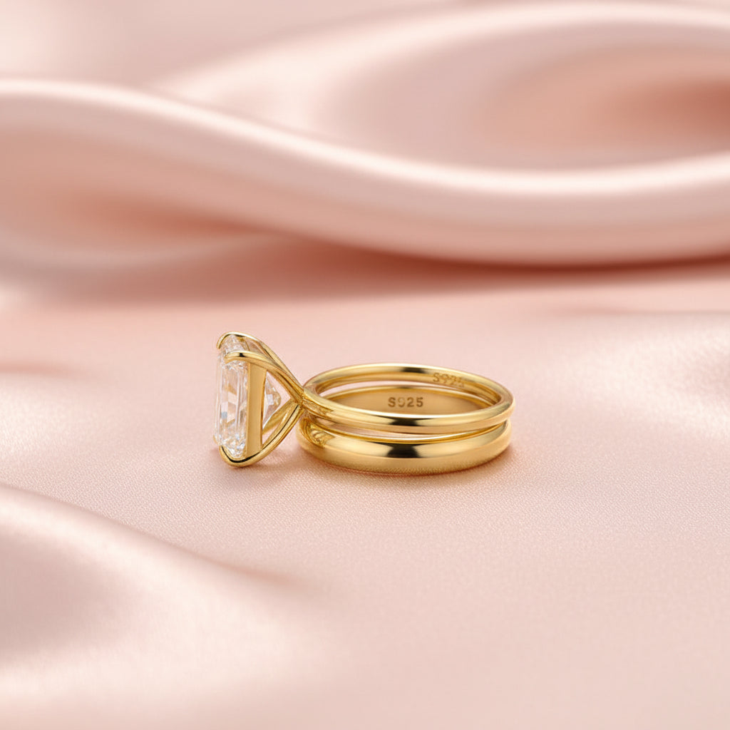 Aurevyn 4.5 Ct Radiant Cut Yellow Gold Wedding Ring Set with Wide Band