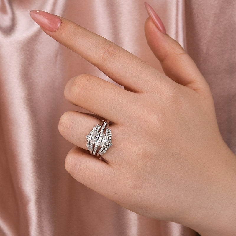 Aurevyn Moissanite 3.5Ct Radiant Cut White Gold Stack Wedding Ring with Jacket Wedding Band