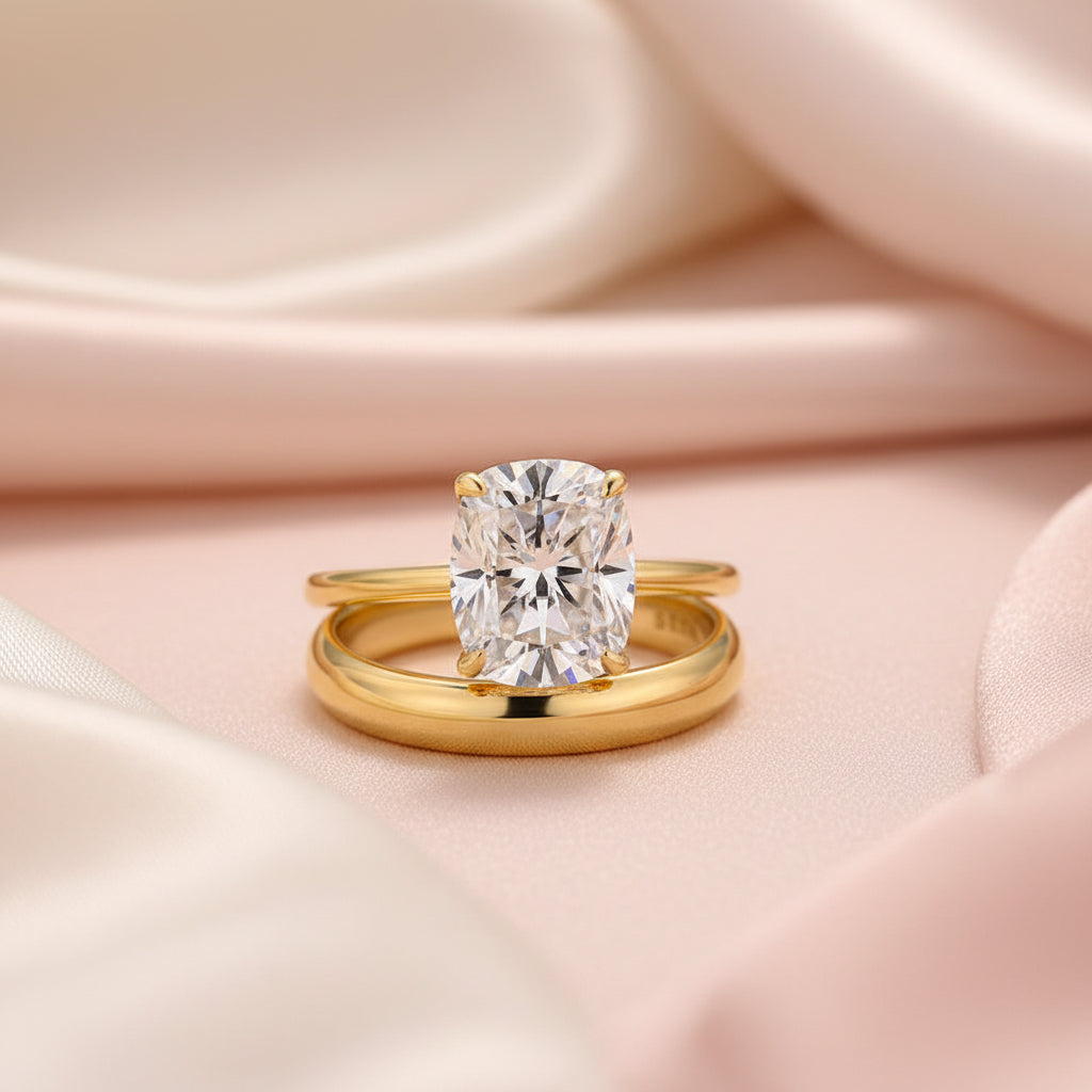 Aurevyn 4.0 Ct Cushion Cut Yellow Gold Wedding Ring Set with Wide Band
