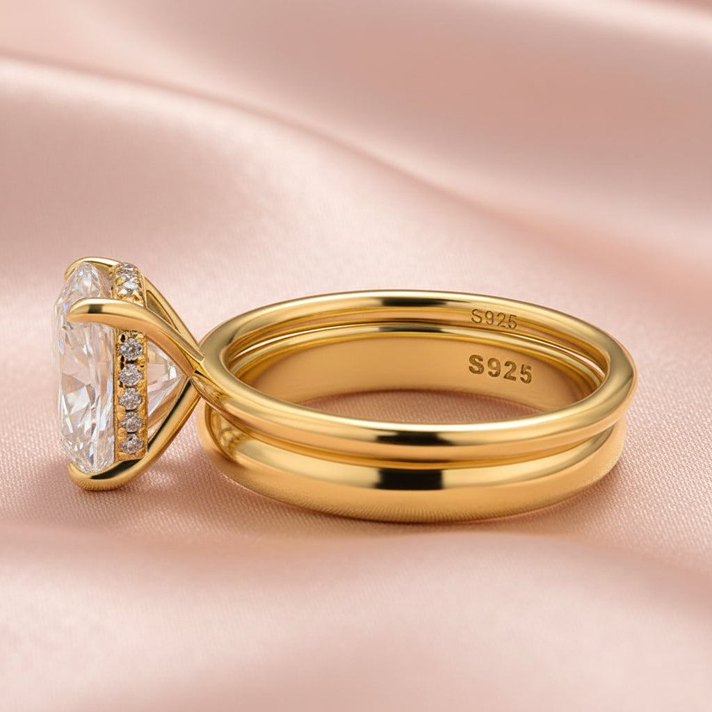 Aurevyn 4.0 Ct Cushion Cut Yellow Gold Wedding Ring Set with Wide Band