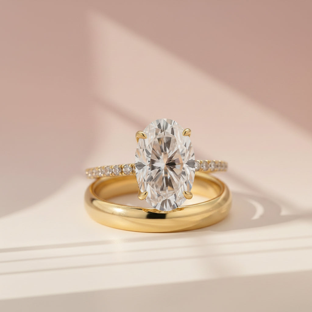 Aurevyn 4.0 Ct Oval Cut Yellow Gold Wedding Ring Set with Wide Band