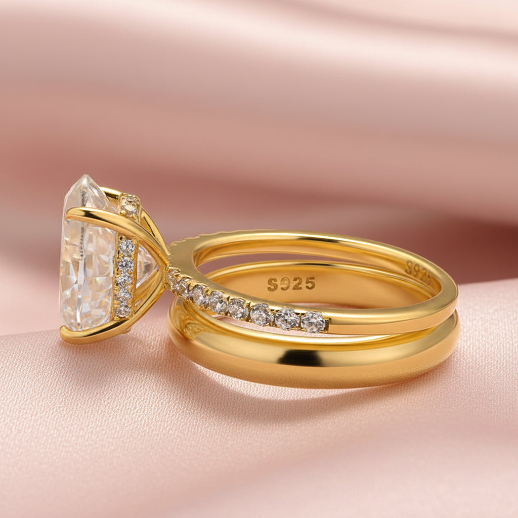 Aurevyn 4.0 Ct Oval Cut Yellow Gold Wedding Ring Set with Wide Band