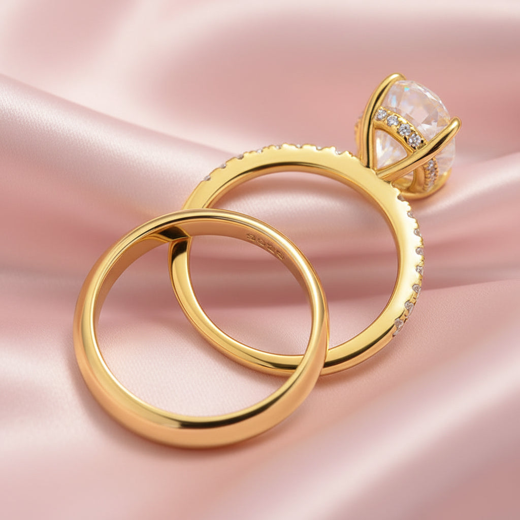 Aurevyn 4.0 Ct Oval Cut Yellow Gold Wedding Ring Set with Wide Band