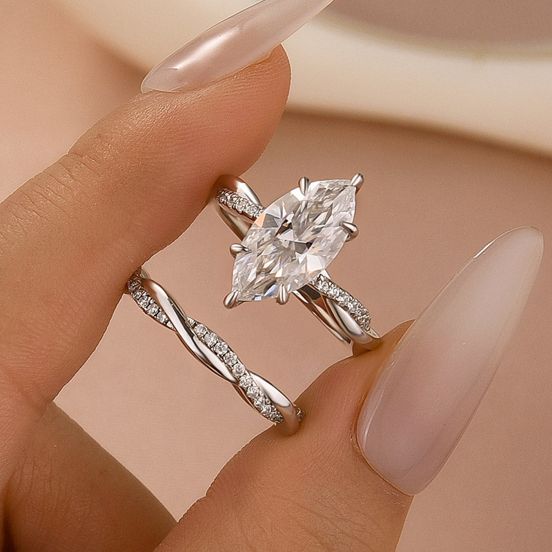Aurevyn Moissanite 3.0Ct Twist Marquise Cut White Gold Wedding Ring Set
