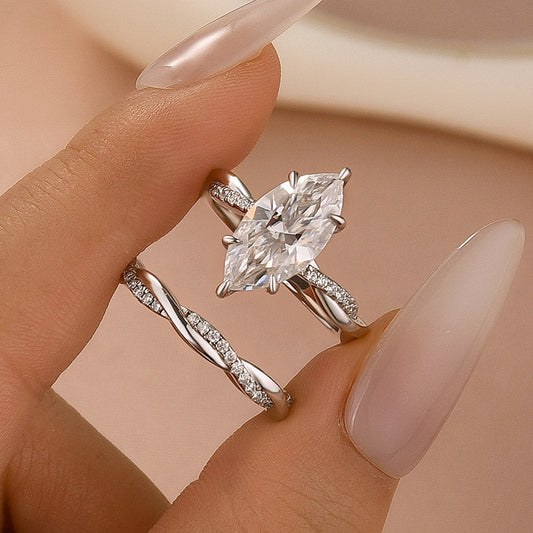 Aurevyn Moissanite 3.0Ct Twist Marquise Cut White Gold Wedding Ring Set