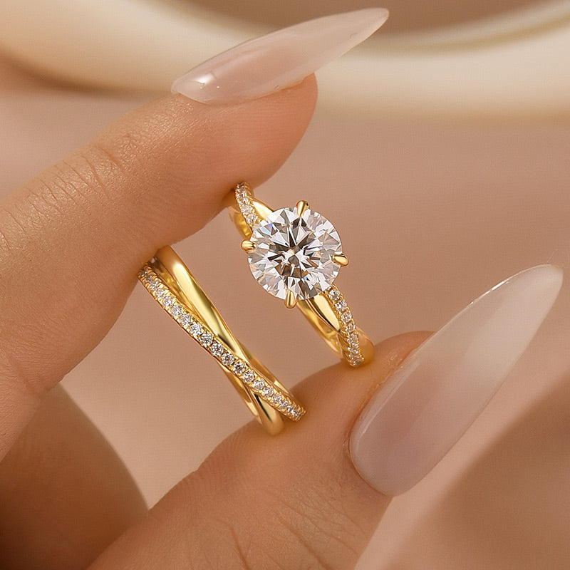 Aurevyn Moissanite 2PC 2.0 Ct Round Cut Twist Yellow Gold Wedding Ring Set For Women