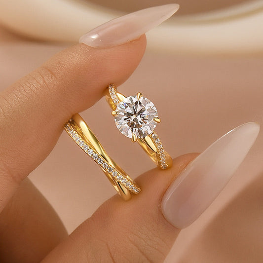 Aurevyn Moissanite 2PC 2.0 Ct Round Cut Twist Yellow Gold Wedding Ring Set For Women