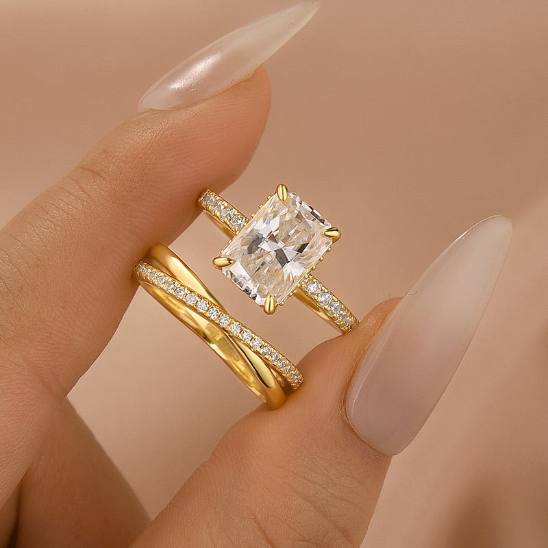 Aurevyn Moissanite 2PC 3.5 Ct Radiant Cut/Emerald Cut Twist Yellow Gold Wedding Ring Set For Women