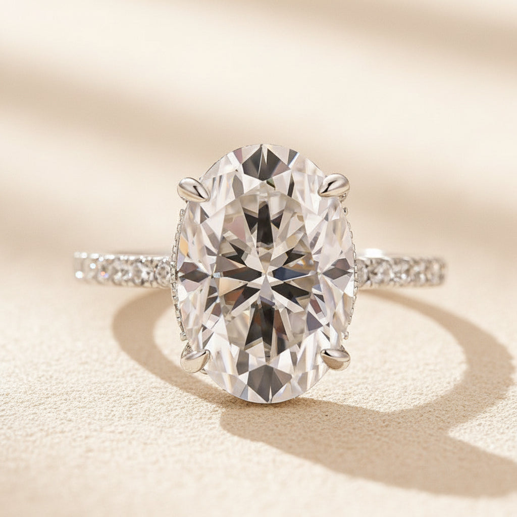 Aurevyn Moissanite 5.5Ct Oval Cut Hidden Halo White Gold Promise Ring For Women